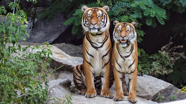 pexels photo 814898 814898 Two Bengal tigers sitting on rocks surrounded by lush greenery, showcasing their natural beauty.
